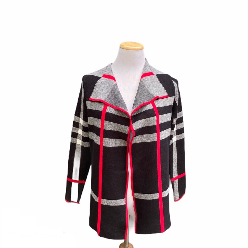 Alison Sheri Plaid Open Front Knit Cardigan * - Picture 2 of 7